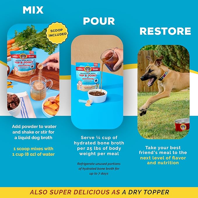 Brutus Broth Dog Food Topper - Instant Bone Broth Powder for Adult Dogs - Supports Hip and Joint Function - Human-Grade Quality - Serve Dry or Wet - Beef Flavor - 3.5 oz Pack (Makes 130 oz with Water)