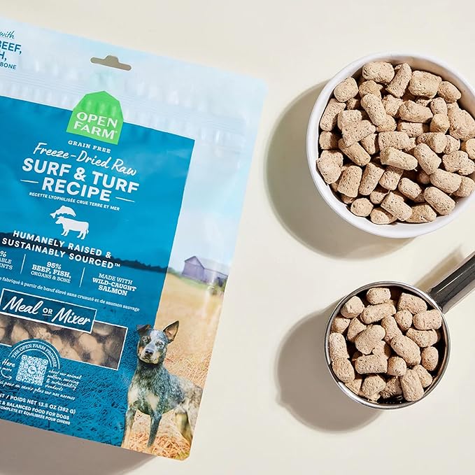Open Farm, Freeze Dried Raw Dog Food, Morsels with 95% Meat, Organs & Bone, Organic Produce & Superfoods, Complete Meal or Freeze Dried Dog Food Topper, Surf & Turf Recipe, 13.5oz Bag