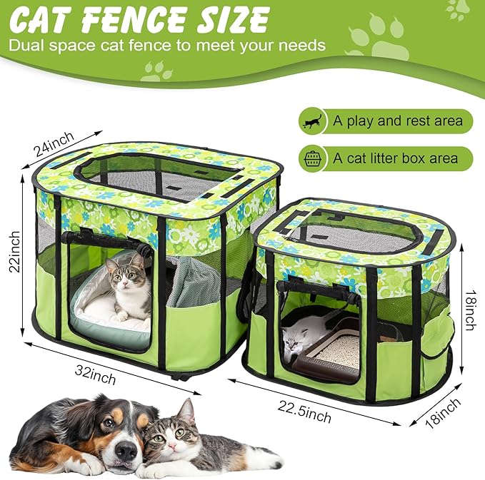 Portable Cat Playpen with Separate Areas, Foldable Indoor Outdoor Cat Enclosure, Portable Pet Tent for Kittens and Small Animals, Collapsible Tent Kennel Cage House with Tent Pegs and Carry Bag
