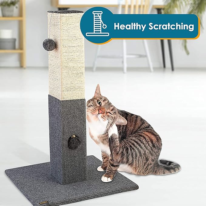 Pawbee 32" Cat Scratching Post with Jingle Bell and Softball, Sisal Rope Tower for Indoor Adults Large Cats, Gray & Beige