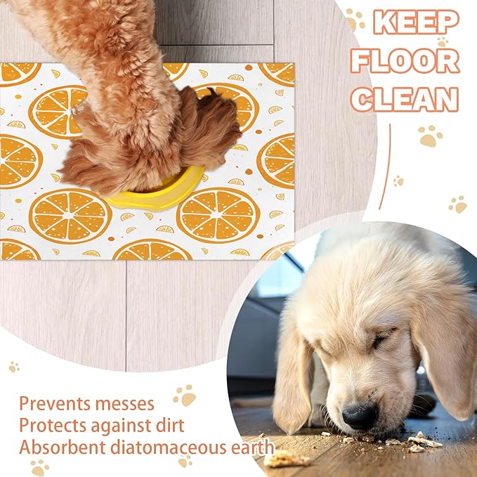 Summer Lemon Dog Food Mat for Floors Absorbent Dog Bowl Mat for Food and Water Dispenser Quick Dry Cat Food Placemat Pet Supplies 16" x 24", Watercolor Fruit