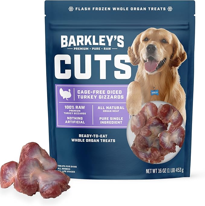 Barkley’s Cuts, Frozen Raw Diced Turkey Gizzards Dog Treats, Single Ingredient, Flash Frozen, High Protein Training Treats and Food Toppers for Puppies and Dogs, Human Grade Ingredients, 16 Oz Bag