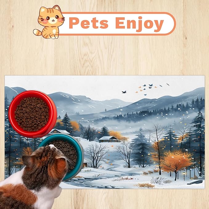 Village Dog Food Mat for Floors Absorbent, Quick Dry Water Dispenser Mat for Food, Water, Pet Supplies 12" x 20", Forest