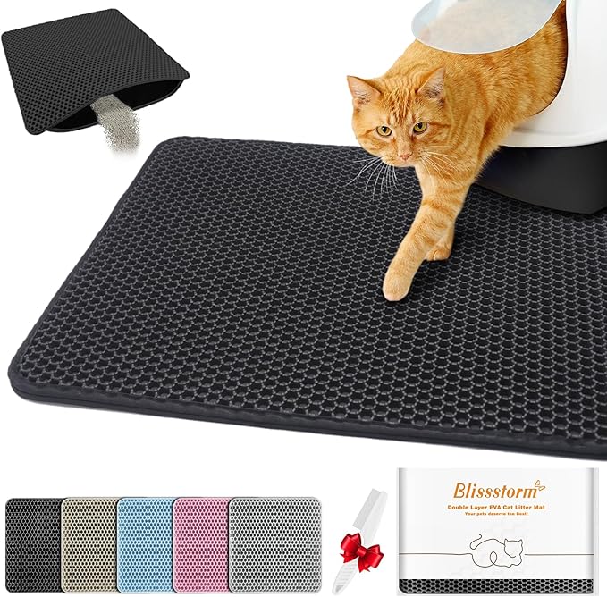 Waterproof Cat Litter Mat, Double Layer EVA, Odor-Free Large Grid, Urine Proof, Easy Cleanup (Black, 12 x 12)