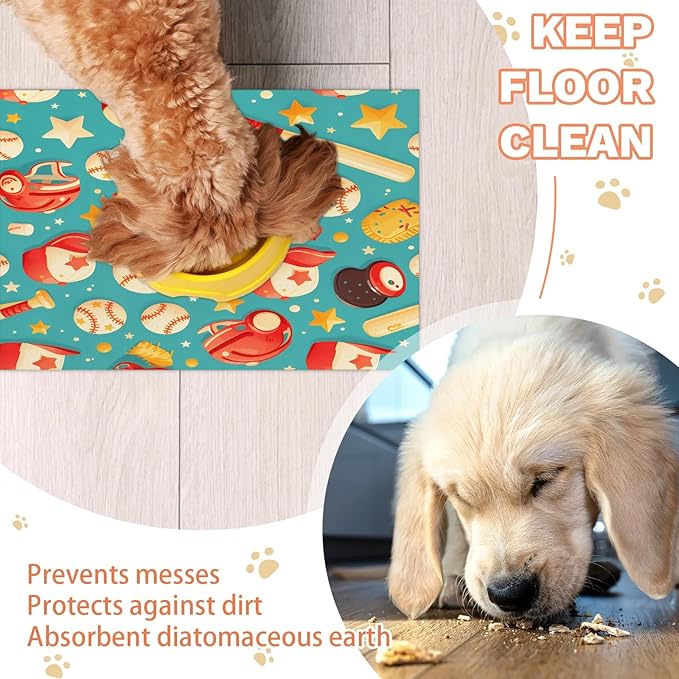Baseball Dog Food Mat for Floors Absorbent, Quick Dry Water Dispenser Mat for Food, Water, Pet Supplies 17" x 30", Sport