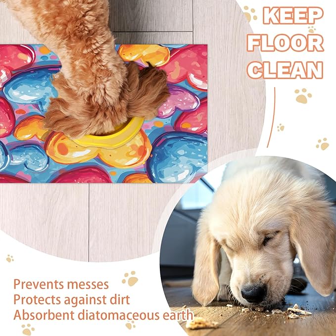 Love Heart Dog Food Mat for Floors Absorbent, Quick Dry Water Dispenser Mat for Food, Water, Pet Supplies 12" x 20", Romantic