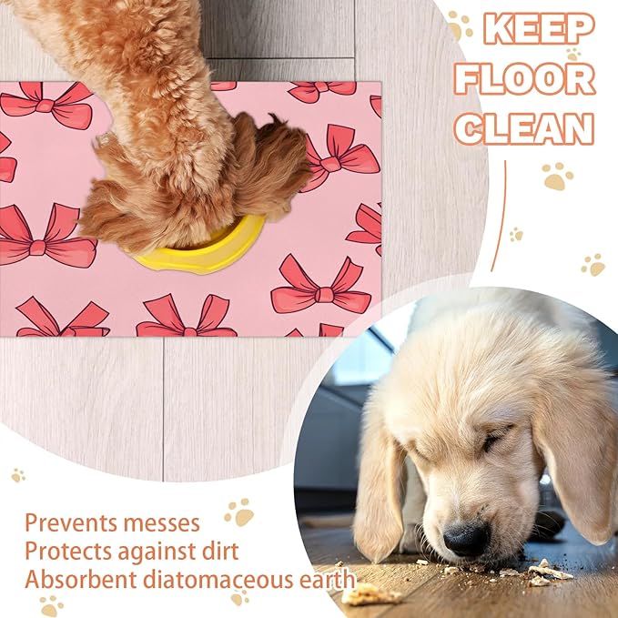 Red Bow Dog Food Mat for Floors Absorbent, Quick Dry Water Dispenser Mat for Food, Water, Pet Supplies 17" x 30", Cute Bowknot