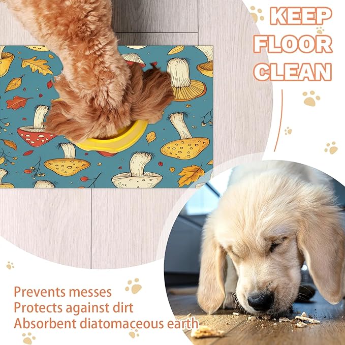 Mushroom Dog Food Mat for Floors Absorbent Dog Bowl Mat for Food and Water Dispenser Quick Dry Cat Food Placemat Pet Supplies 12" x 20", Leaves