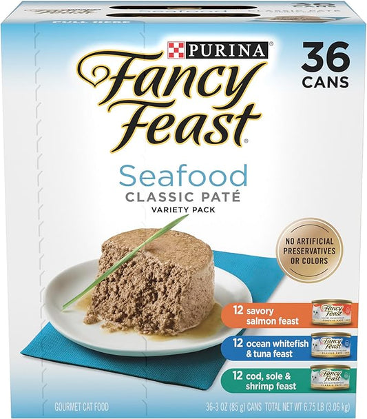 Purina Fancy Feast Seafood Classic Pate Collection Grain Free Wet Cat Food Variety Pack - (Pack of 36) 3 oz. Cans