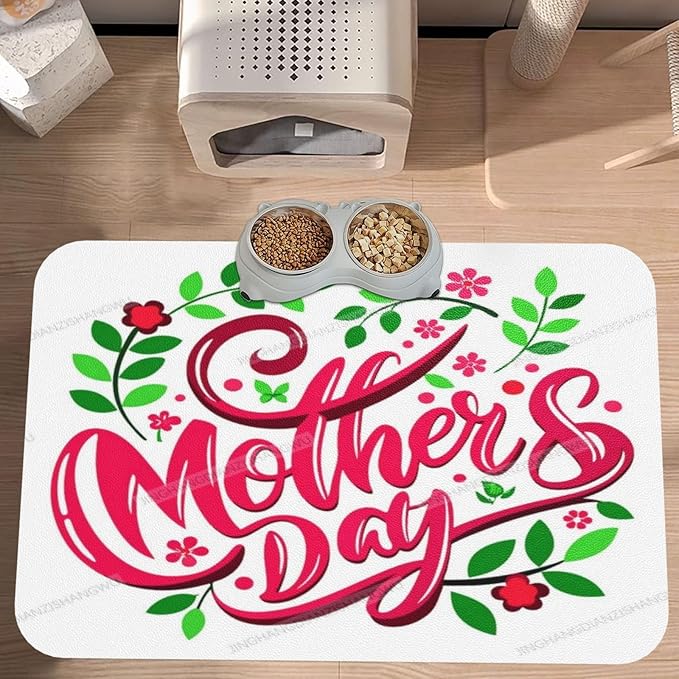 Pet Feeding Mat Absorbent Dog Mat for Food Water Bowl No Stains Quick Dry Water Dispenser Mats Happy Mother's Day Floral Gift Mom La Dog Accessories Pet Supplies Bowl for Messy Drinkers 24x16In
