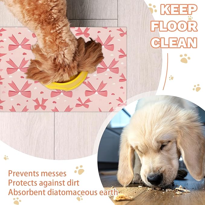 Pink Bow Dog Food Mat for Floors Absorbent, Quick Dry Water Dispenser Mat for Food, Water, Pet Supplies 17" x 30", Bowknot