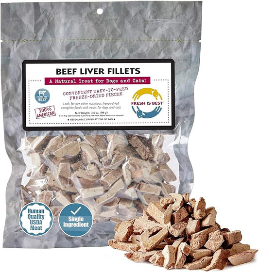 Fresh Is Best Freeze Dried Dog Treats – Raw Freeze Dried Dog Food for Cats & Canines – Training Treat in Resealable Zipper Bag – High-Protein Beef Liver Fillets – Made in The USA
