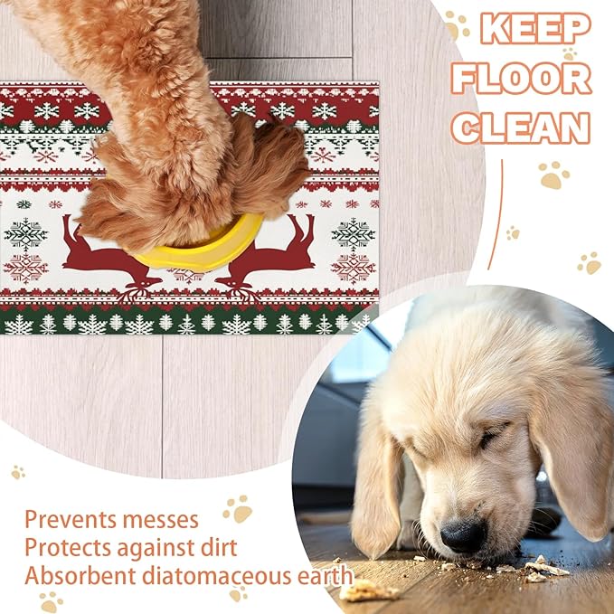 Christmas Elk Dog Food Mat for Floors Absorbent, Quick Dry Water Dispenser Mat for Food, Water, Pet Supplies 17" x 30", Xmas