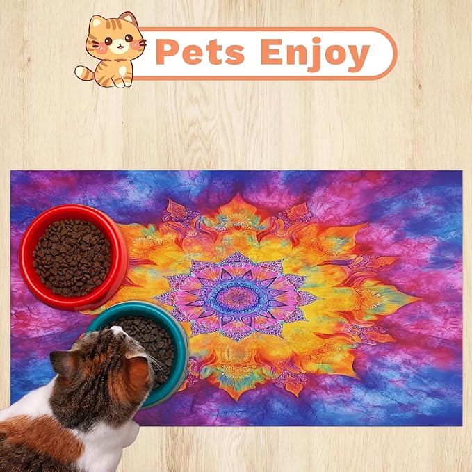 Tie Dye Dog Food Mat for Floors Absorbent, Quick Dry Water Dispenser Mat for Food, Water, Pet Supplies 24" x 32", Hippie Mandala