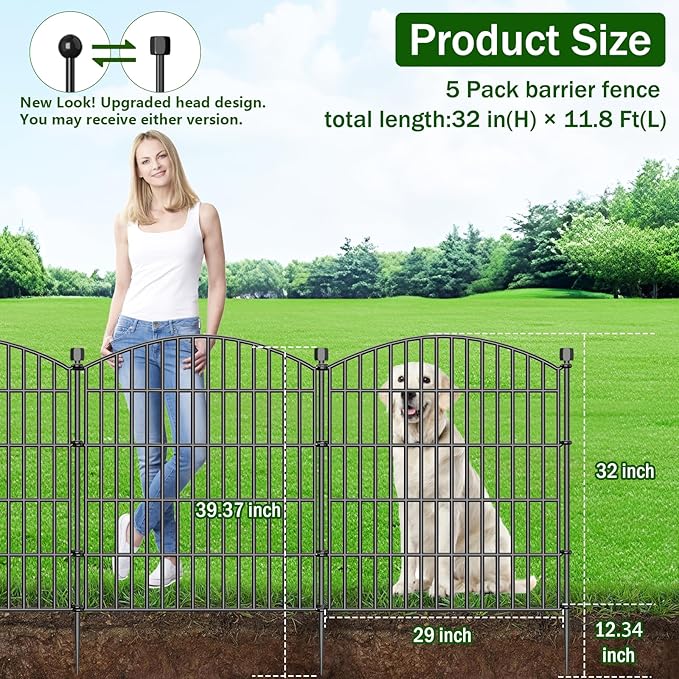 Decorative Garden Fence with Gate, 5 Panels - 32 in (H) x 11.8 ft (L) No Dig Dog Fence Outdoor for Yard, Rustproof Tall Garden Fencecing Panels, Animal Barrier Suitable for Yard Border, Patio