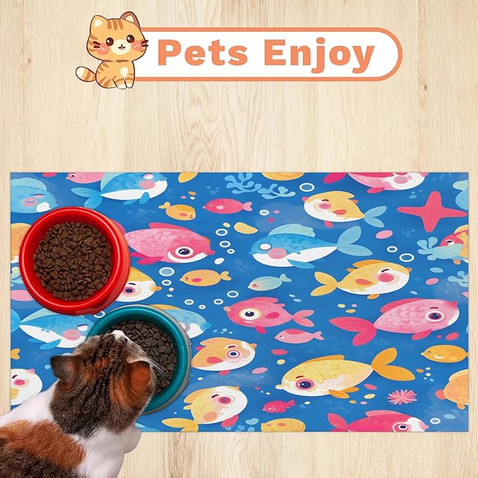 Cute Fish Dog Food Mat for Floors Absorbent Dog Bowl Mat for Food and Water Dispenser Quick Dry Cat Food Placemat Pet Supplies 24" x 32", Ocean
