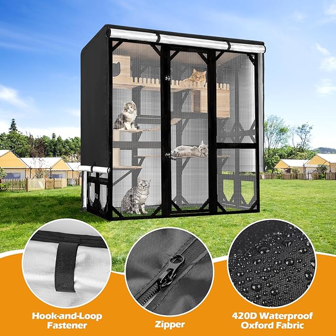 Catio Cover,73"L x 40"W x 73"H Cover for Catio Outdoor Cat Enclosure Waterproof, 420D Cat Cage Covers for FunXplore Large Cats Catios, Outdoor Cats Enclosure Covers(Black)(Catios Not Included)