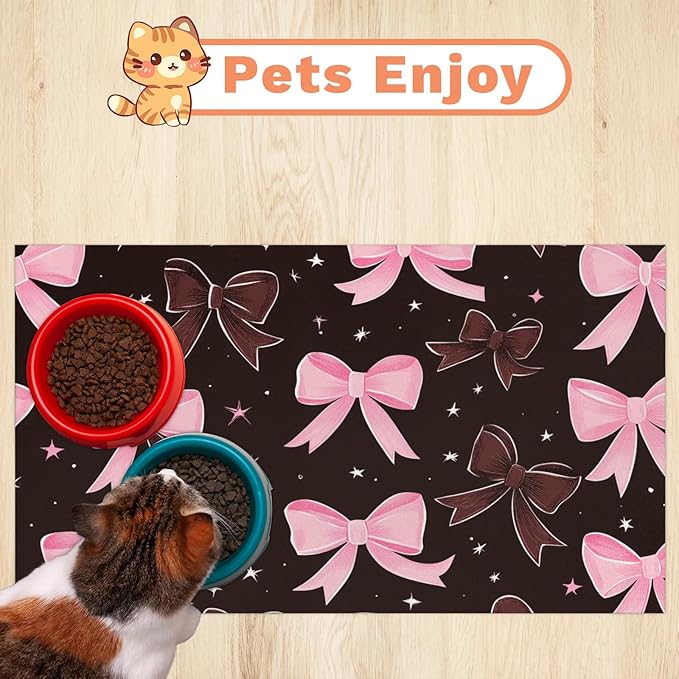 Black Pink Bow Dog Food Mat for Floors Absorbent, Quick Dry Water Dispenser Mat for Food, Water, Pet Supplies 16" x 24", Bownot