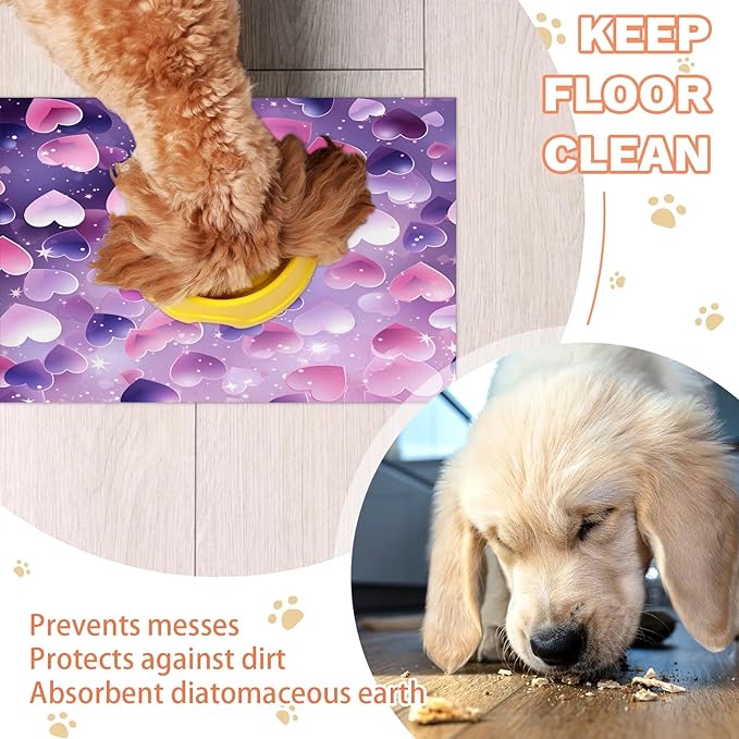 Valentine's Day Dog Food Mat for Floors Absorbent, Quick Dry Water Dispenser Mat for Food, Water, Pet Supplies 17" x 30", Pink Purple Heart