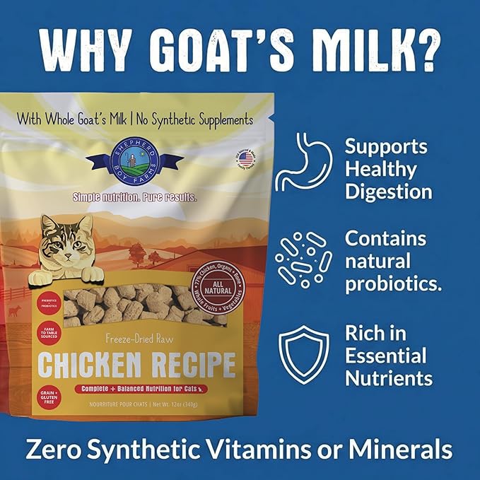 Shepherd Boy Farms Freeze-Dried Chicken Cat Food – High-Protein, Grain-Free, Made with Organic Fruits & Veggies & Goat’s Milk (12oz)