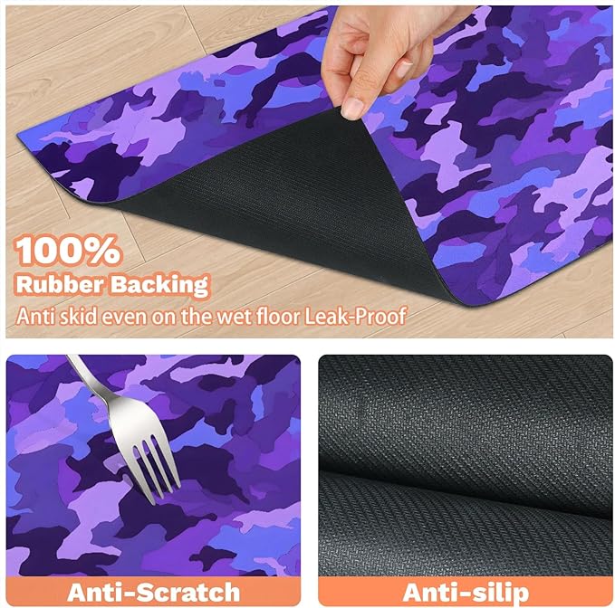 Purple Camouflage Dog Food Mat for Floors Absorbent Dog Bowl Mat for Food and Water Dispenser Quick Dry Cat Food Placemat Pet Supplies 24" x 32", Camo