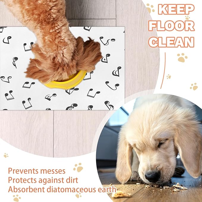 Black Note Dog Food Mat for Floors Absorbent Dog Bowl Mat for Food and Water Dispenser Quick Dry Cat Food Placemat Pet Supplies 17" x 30", Black White