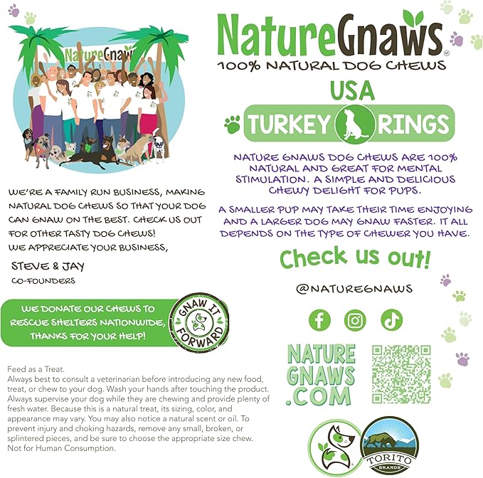 Nature Gnaws USA Turkey Tendon Rings for Dogs (8oz) - Delicious Grain Free Reward Snack for Small, Medium & Large Breeds - Premium Natural Dog Chew Treats