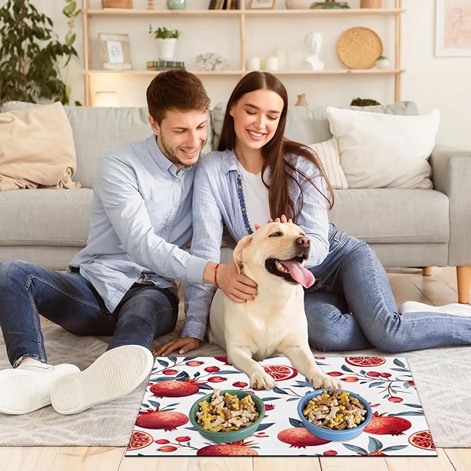 Pomegranate Dog Food Mat for Floors Absorbent Dog Bowl Mat for Food and Water Dispenser Quick Dry Cat Food Placemat Pet Supplies 12" x 20", Leaves