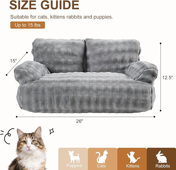 Cat Couch Bed, Cute Soft Pet Sofa for Indoor Cats Kittens Puppies with Removable Washable Cover, 26"x15", Grey