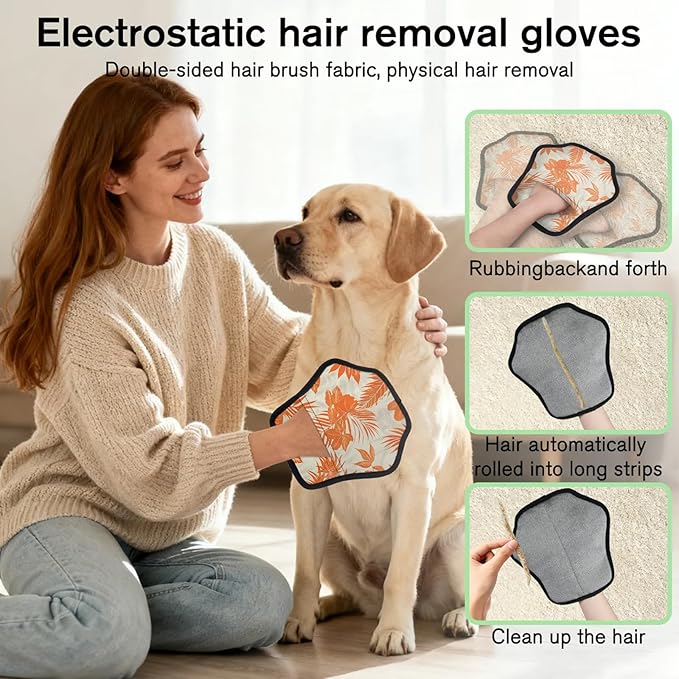 Palm Leaves Print Electrostatic Pet Hair Removal Glove for Cats & Dogs - Reusable Grooming Mitt for Couch, Carpet, Car Seat & Laundry - Large 9x9 Inch