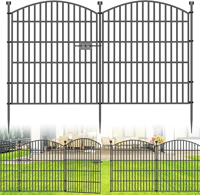 Decorative Garden Fence with Gate, 5 Panels - 32 in (H) x 11.8 ft (L) No Dig Dog Fence Outdoor for Yard, Rustproof Tall Garden Fencecing Panels, Animal Barrier Suitable for Yard Border, Patio