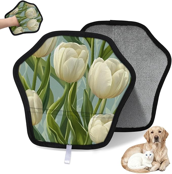 Floral Tulip Print Electrostatic Pet Hair Removal Glove for Cats & Dogs - Reusable Grooming Mitt for Couch, Carpet, Car Seat & Laundry - Large 9x9 Inch
