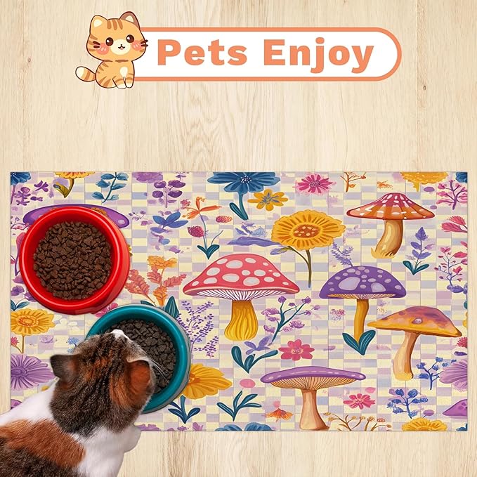 Boho Mushrooms Dog Food Mat for Floors Absorbent Dog Bowl Mat for Food and Water Dispenser Quick Dry Cat Food Placemat Pet Supplies 12" x 20", Cute Flower