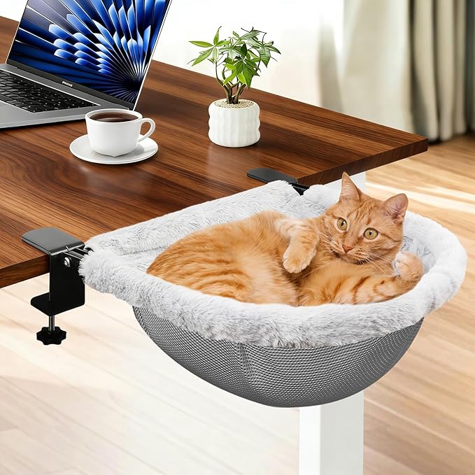 X-Large Cat Desk Bed | 19"x15" Spacious Retreat, Dual Clamps & Sunken Hammock Design, Comfy Cat Desk Hammock with Faux Rabbit Fur Cover, Removable & Washable, Holds Up to 40lbs