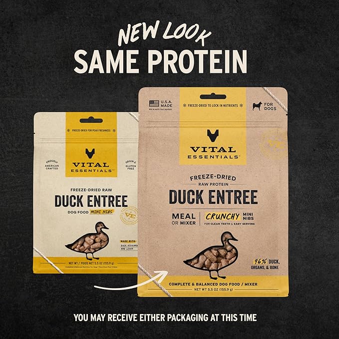 Vital Essentials Freeze Dried Dog Food, Raw Duck Crunchy Mini Nibs | Complete Meal or Topper | 96% Duck, Organs & Bone | Limited Ingredient, High Protein, Grain Free Dry Dog Food | 5.5 oz Bag