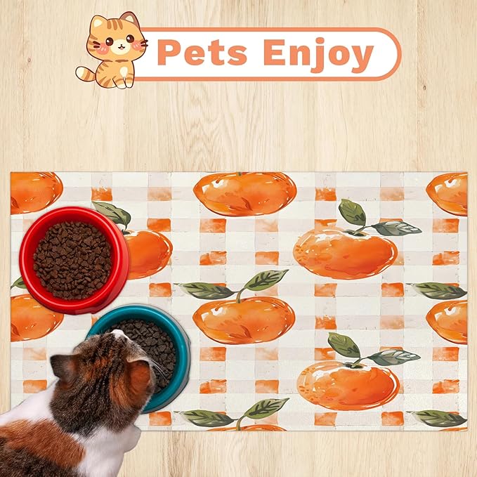 Orange Dog Food Mat for Floors Absorbent Dog Bowl Mat for Food and Water Dispenser Quick Dry Cat Food Placemat Pet Supplies 16" x 24", Buffalo Check Plaid