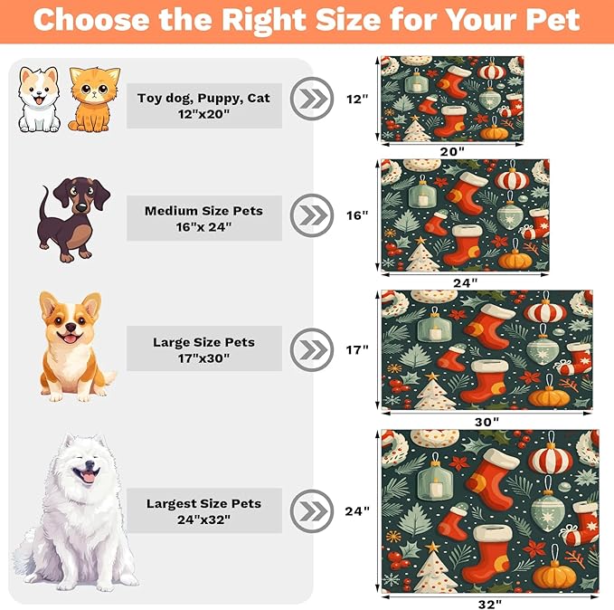 Christmas Sock Dog Food Mat for Floors Absorbent, Quick Dry Water Dispenser Mat for Food, Water, Pet Supplies 16" x 24", Xmas Tree
