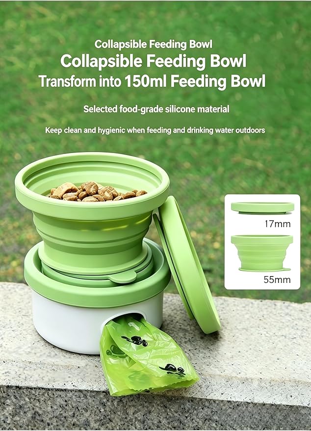 3-in-1 Portable Dog Travel Kit | Collapsible Silicone Feeding Bowl + 90ml Food Storage + Poop Bag Dispenser | Food-Grade Pet Walking Supplies with Biodegradable Bags for Outdoor, Hiking & Trips