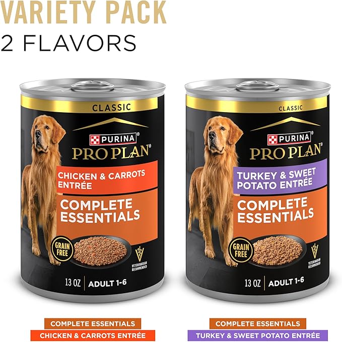 Purina Pro Plan Wet Dog Food Grain Free Complete Essentials Variety Pack,Chicken and Carrots and Turkey-and Sweet Potato Entrees - 13 oz. Cans,(Pack of 24)