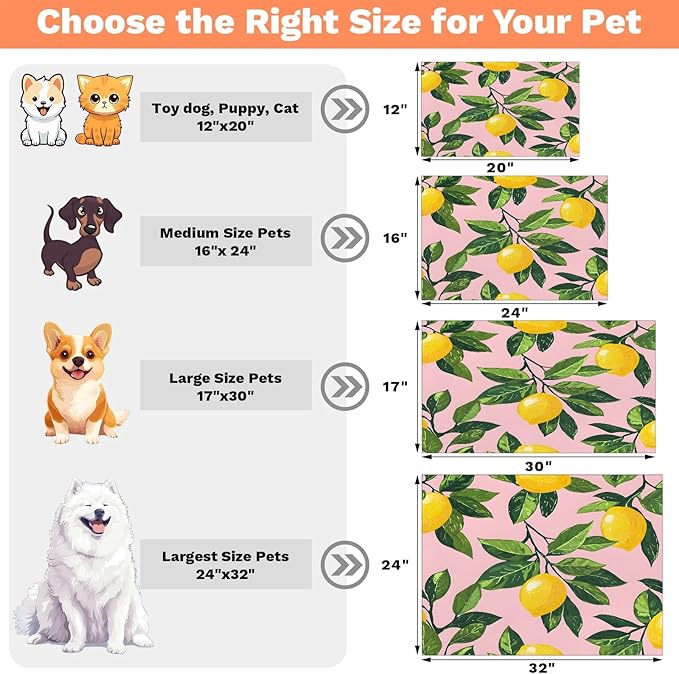 Lemon Fruits Dog Food Mat for Floors Absorbent Dog Bowl Mat for Food and Water Dispenser Quick Dry Cat Food Placemat Pet Supplies 16" x 24", Green Leaves