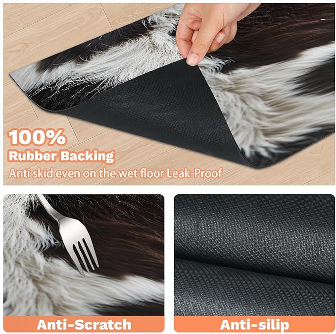 Cow Skin Dog Food Mat for Floors Absorbent Dog Bowl Mat for Food and Water Dispenser Quick Dry Cat Food Placemat Pet Supplies 24" x 32", Brown White Fur