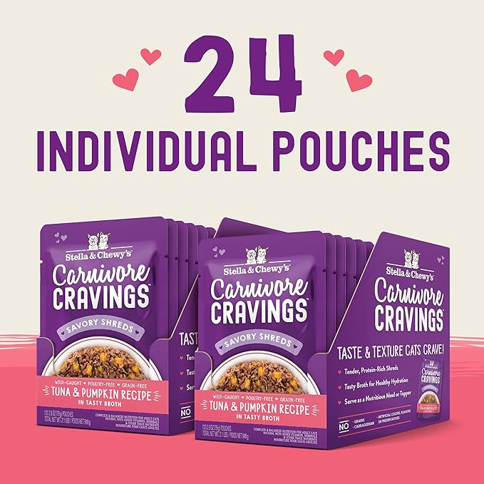 Stella & Chewy's Carnivore Cravings Wet Cat Food - Premium Pouches - Grain Free, High Protein Tuna & Pumpkin - Perfect For Picky Eaters - Complete Meal or Topper (2.8 oz, 24 Pack)