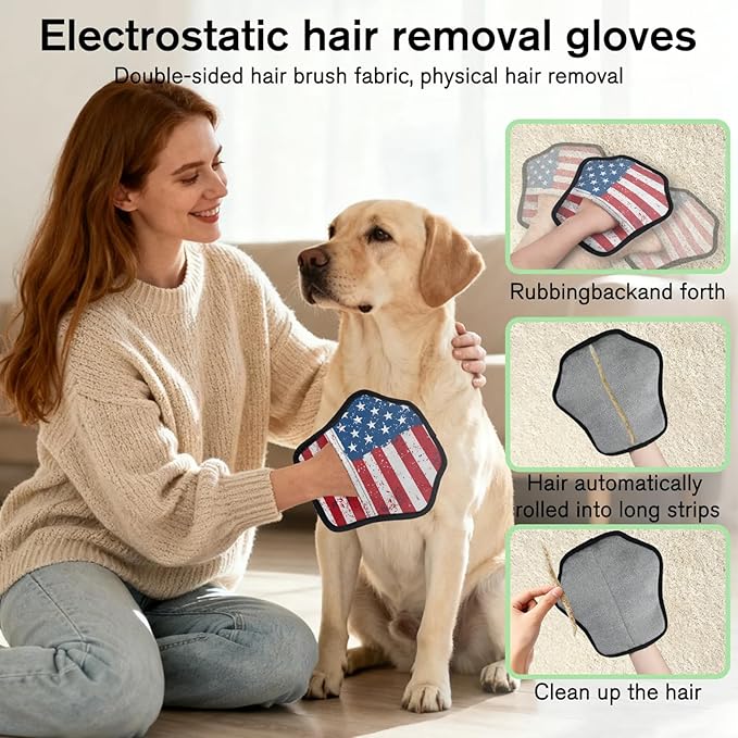 Vintage Stars Stripes Electrostatic Pet Hair Removal Glove for Cats & Dogs - Reusable Grooming Mitt for Couch, Carpet, Car Seat & Laundry - Large 9x9 Inch