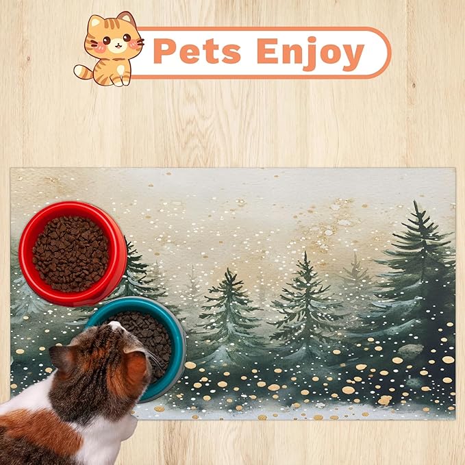 Christmas Tree Dog Food Mat for Floors Absorbent, Quick Dry Water Dispenser Mat for Food, Water, Pet Supplies 12" x 20", Winter Forest