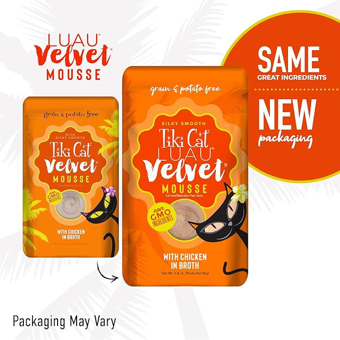 Tiki Cat Luau Velvet Mousse, Chicken in Broth, Complete Nutrition for Balanced Diet, Wet Cat Food For All Life Stages, 2.8 oz. Pouch (Pack of 12)
