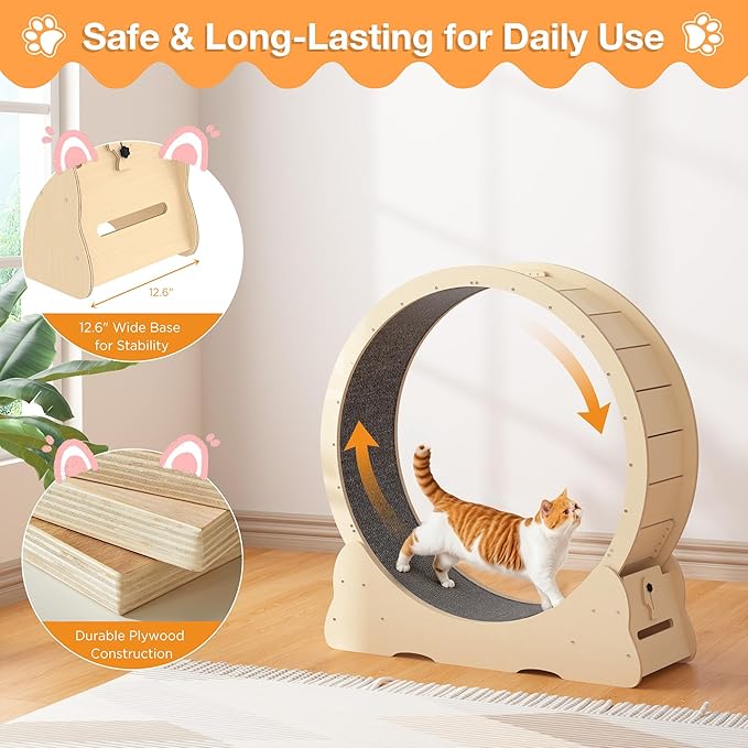 Cat Exercise Wheel Indoor, Quiet Medium Cat Treadmill with Detachable Carpeted Runway & Lock, 38.2” Exercise Running Wheel for Pet’s Health and Entertainment, (Natural, M)