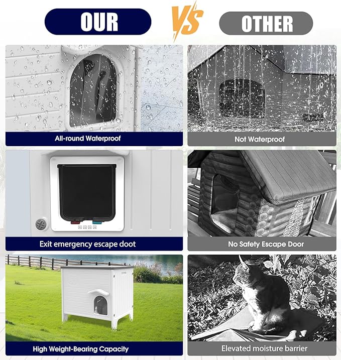 Plastic Cat House Outdoor & Indoor, Feral Cat Houses with Escape Door, Waterproof Outdoor Cat Shelter for Feral Stray Cat Kitty, Assemble Easily