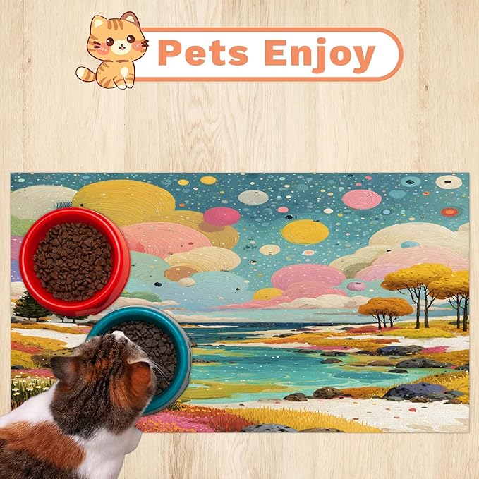 Boho Forest Dog Food Mat for Floors Absorbent, Quick Dry Water Dispenser Mat for Food, Water, Pet Supplies 24" x 32", Colorful Cloud