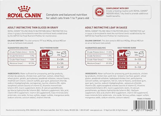 Royal Canin Feline Health Nutrition Adult Instinctive Adult Thin Slices in Gravy and Loaf in Sauce Variety Pack Cat Food, 3 oz (Pack of 12)