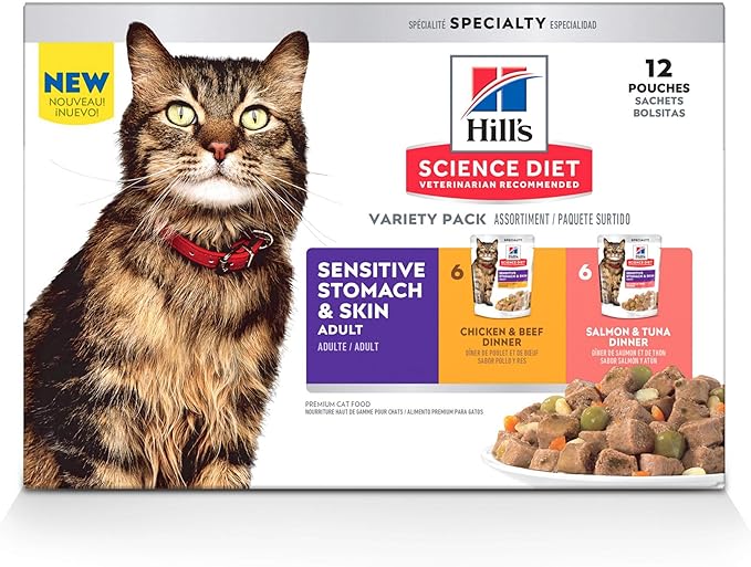 Hill's Science Diet Sensitive Stomach & Skin, Adult 1-6, Stomach & Skin Sensitivity Support, Wet Cat Food, Variety Pack: Chicken & Beef; Salmon & Tuna Stew, 2.8 oz Pouch Variety Pack, Case of 12